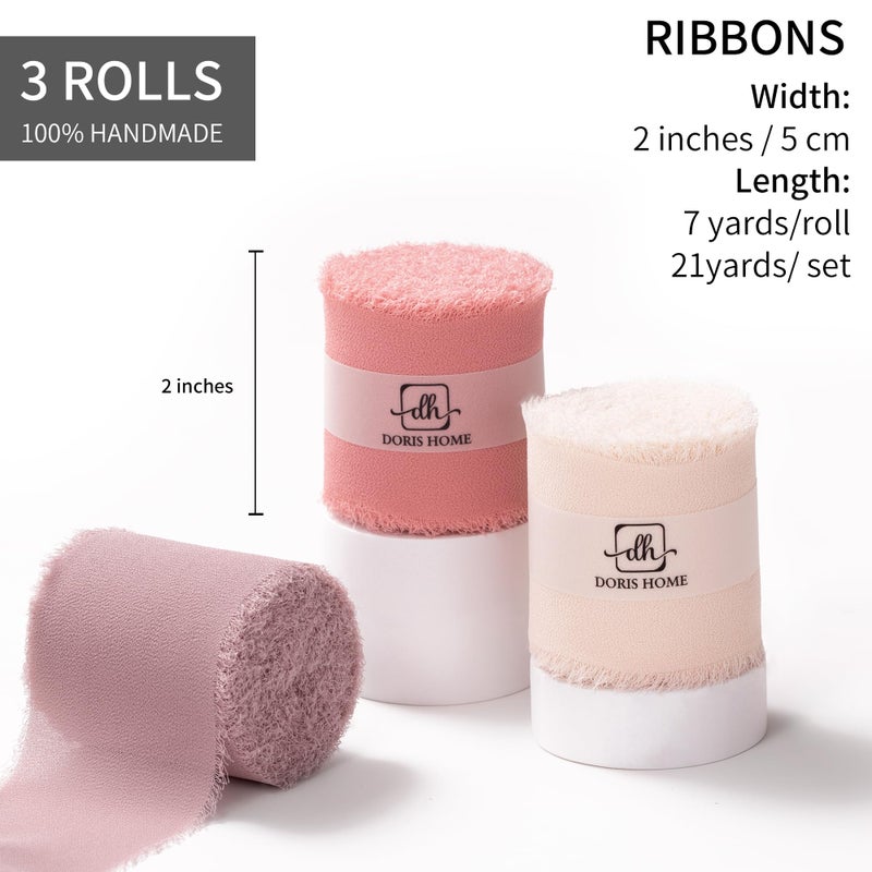 DORIS HOME 2" x21Yd Chiffon Ribbon for Flower Bouquet, Pink & Dusty Rose Fabric Ribbon for Gift Wrapping, Handmade Frayed Ribbon for Wedding/Christmas Decorations - Image 3